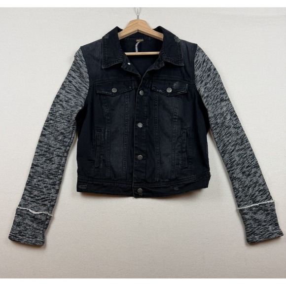 Free People Women's Black Distressed Jean Jacket Sweatshirt Sleeves No Hood Sz M - Picture 2 of 12